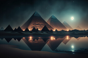 Pyramids and river in the Egyptian desert at night. Generative AI - obrazy, fototapety, plakaty