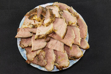 Beef pork top view on a black background