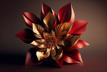 3D render, red gold flower, chinese lunar new year, Generative AI