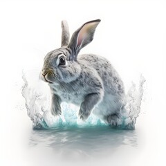 Fototapeta na wymiar White water rabbit jumping out of water, on white background, Generative AI