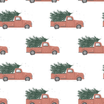Christmas seamless pattern with red truck and Xmas trees on white background. Winter print with hand drawn vintage car and holiday snowy tree. Vector illustration.