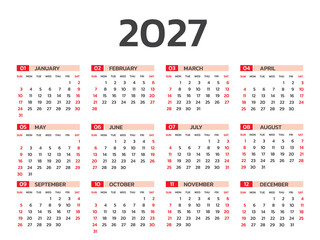 Calendar 2027 year vector illustration, Set of 12 calendar, week starts on Sunday, Simple planner template, desk calendar 2027 year, wall calendar 2027 template, print media, Business template vector - obrazy, fototapety, plakaty