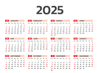 Calendar 2025 year vector illustration, Set of 12 calendar, week starts on Sunday, Simple planner template, desk calendar 2025 year, wall calendar 2025 template, print media, Business template vector