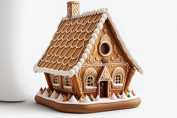 On a white background, a gingerbread home. Generative AI