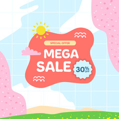 mega sale offer discount promotion square banner for kid children playful kawaii korean style element