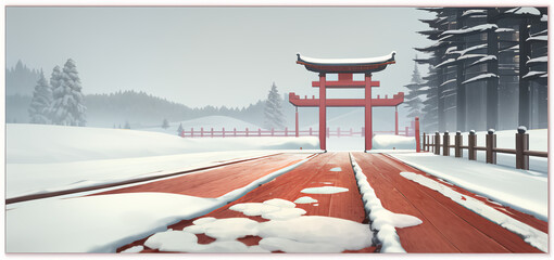 Drawing of Chinese red wooden gates in winter. The culture of Asia.