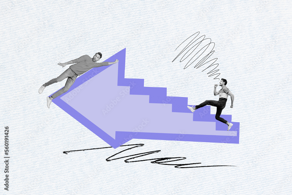 Poster composite collage image of two black white gamma people hang running climb ladder huge arrow isolate