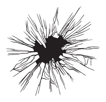 Broken glass effect with cracked black bullet hole with cracks. Vector illustration of isolated template design