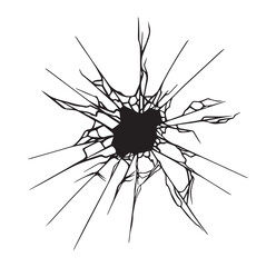 Broken glass effect with cracked bullet hole with sharp edges and shatters. Vector illustration of isolated template design