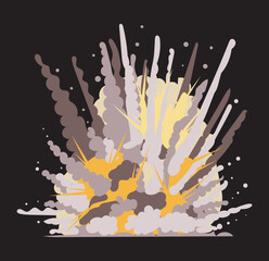 Bomb explosion with dust and gas clouds and pollution trail. Vector illustration in comic cartoon design
