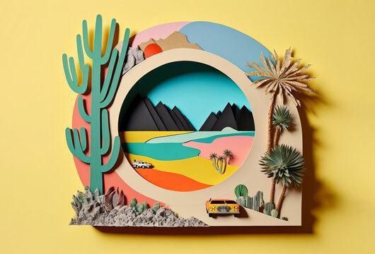 Beautiful Landscape Trendy Art Paper Collage Design. Generative Ai