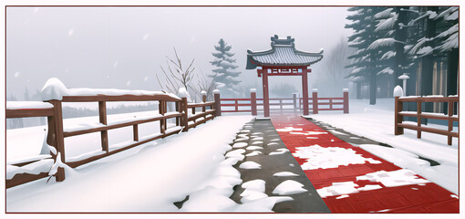 Drawing of Chinese red wooden gates in winter. The culture of Asia.