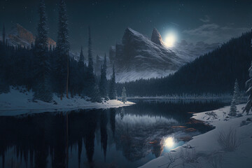 Nighttime scene of a frozen lake and fir trees in a winter environment with mountains and forest. Generative AI