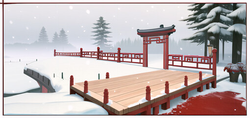 Drawing of Chinese red wooden gates in winter. The culture of Asia.
