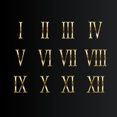 Gold Roman Numerals set. Elegant ancient number golden luxury math for templates and counting.
