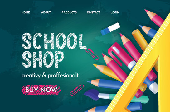 School shop banner. Graphic element for website. template, layout and mockup. Pencils and chalk lettering, school supplies. Education, learning and training. Cartoon flat vector illustration