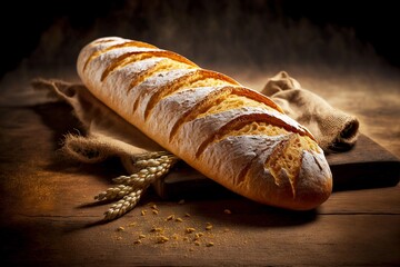 wheat baguette baked bread on wooden table