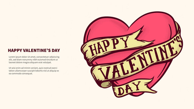 happy valentines day. big heart inside ribbon text vontage tatto style. heart abstract for valentines day vector illustration