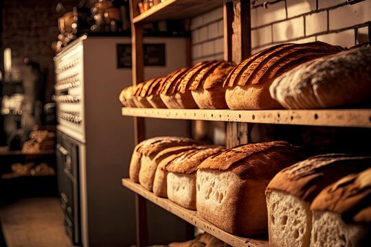 Even Row Of Freshly Sourdough Baked Bread Lying In Bakery