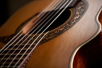 Fototapeta premium A close up of the strings of a classical guitar. Generative AI