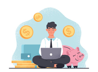 Earn money online. Man in suit sits with laptop, remote worker or freelancer. Entrepreneur launches startup or business project. Financial literacy and passive income. Cartoon flat vector illustration