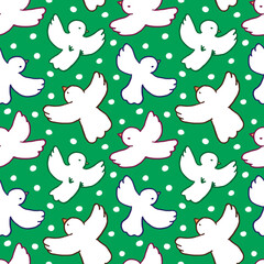 Seamless Pattern with Hand Drawn Bird Design on Green Background