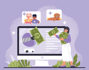 Fake donation concept. Woman gives banknotes to fraudster, extortion and crime. Hacker and criminal. Untrusted fund and volunteering. Person tranferring, charity. Cartoon flat vector illustration