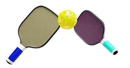 Pickleball two rackets and one ball. 3D rendering