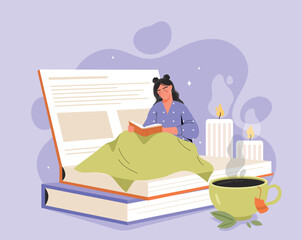 Reading hobby concept. Young girl sitting on big book with candles. Education and training, love of literature and useful hobby. Poster or banner for website. Cartoon flat vector illustration