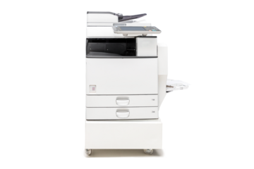Isolated office multi function laser printer scanner on white background.