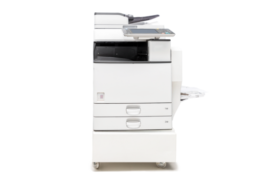 Isolated office multi function laser printer scanner on white background.