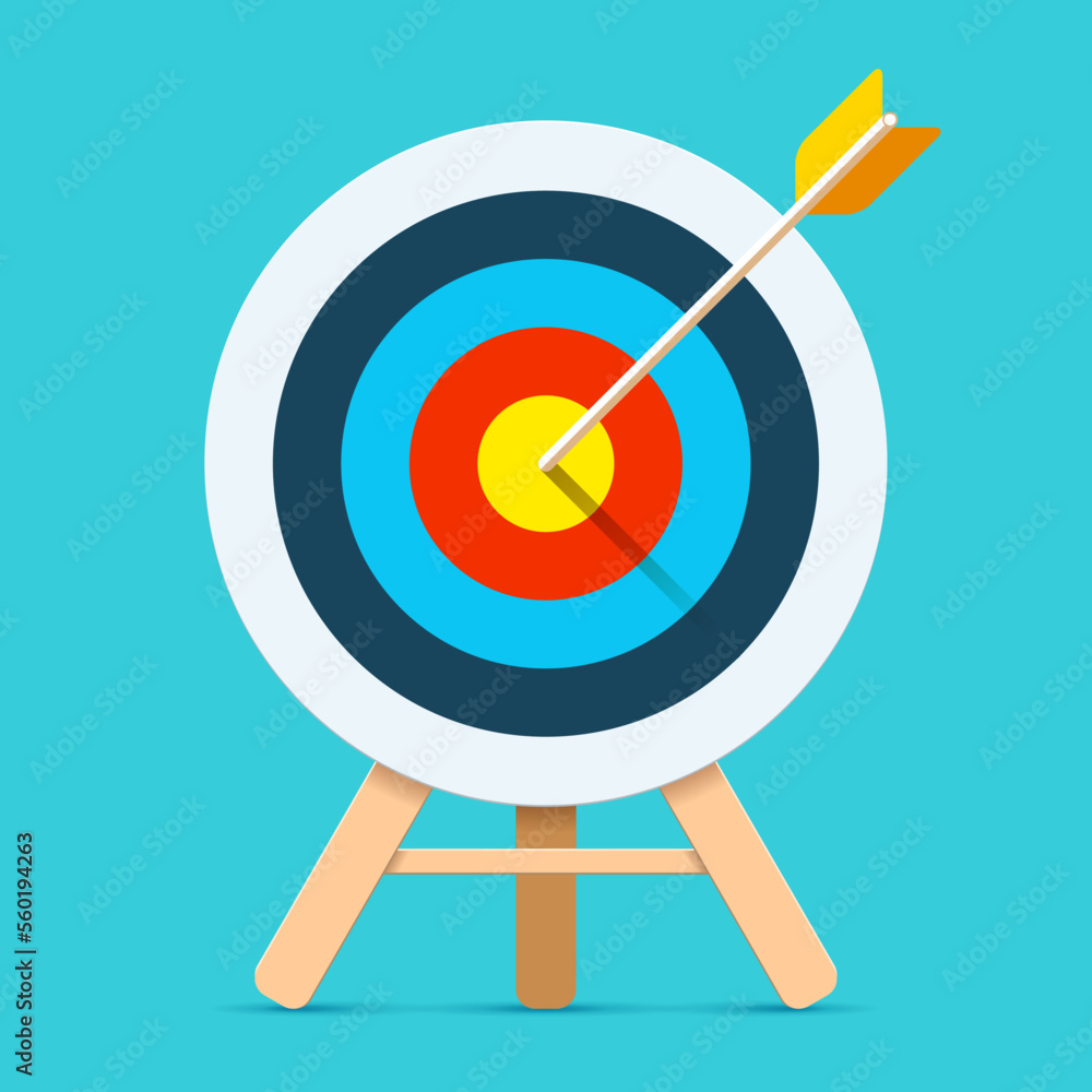Poster target icon in flat style on color background. bullseye business conpept. arrow in the center aim. v