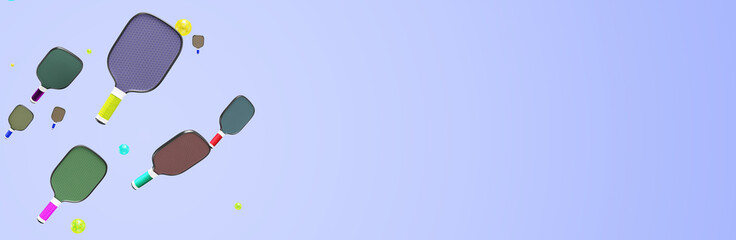 Pickleball paddles with plastic balls on a purple background. Banner copy space 3D rendering