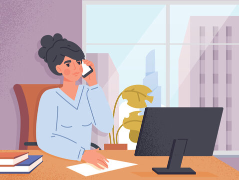 Woman work at office desk. Young girl with smartphone sits at computer. Employee and worker in workplace. Organization of effective workflow. Poster or banner. Cartoon flat vector illustration