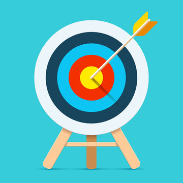 Target icon in flat style on color background. Bullseye business conpept. Arrow in the center aim. Vector design element for you projects