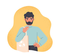 Man with eco bag. Young guy with recycled and reused materials. Volunteer and activist, reducing release of harmful waste into atmosphere. Cartoon flat vector illustration