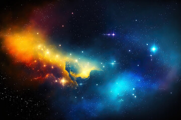 Horizontal galaxy background with blue and yellow colored stars. Generative AI