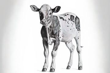 Standing calf in shadow, hand drawn in , isolated on white backdrop. Baby cow stock drawing in black and white. Generative AI