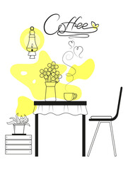 Outline drawing with an inscription.Coffee table. Table setting. Table with a chair. Flavored coffee. Flowers in a vase. St. Valentine. Window with a lantern.