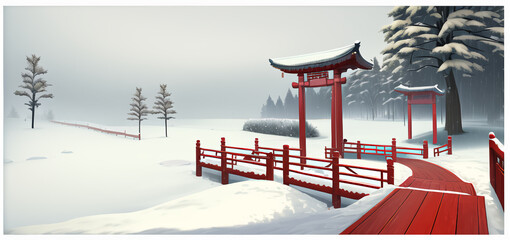Drawing of Chinese red wooden gates in winter. The culture of Asia.