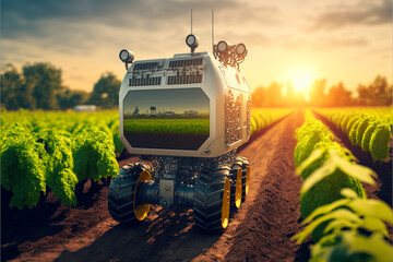 Futuristic farming automation using advanced machines with robotic arm to spray fertilizer on field, increases efficiency and crop yield, as well as reduces labor costs, generation AI