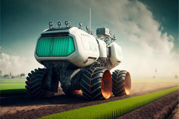 Futuristic farming automation using advanced machines with robotic arm to spray fertilizer on field, increases efficiency and crop yield, as well as reduces labor costs, Generative AI