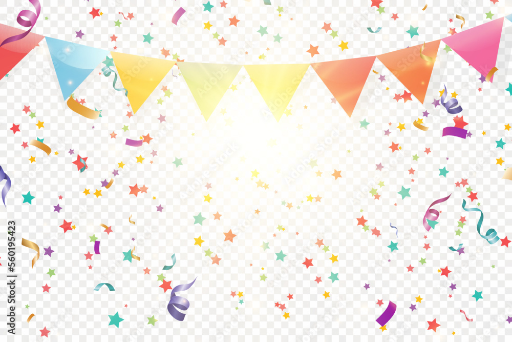 Poster Lots of colorful tiny confetti and ribbons on transparent background. Festive event and party. Multicolor background.Colorful bright confetti isolated on transparent background.