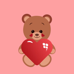 Teddy bear holding in the paws of a big heart. The concept of Valentine Day. Flat vector illustration isolated on a red background