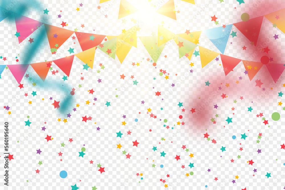 Poster Lots of colorful tiny confetti and ribbons on transparent background. Festive event and party. Multicolor background.Colorful bright confetti isolated on transparent background.