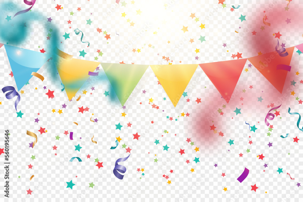 Poster Lots of colorful tiny confetti and ribbons on transparent background. Festive event and party. Multicolor background.Colorful bright confetti isolated on transparent background.