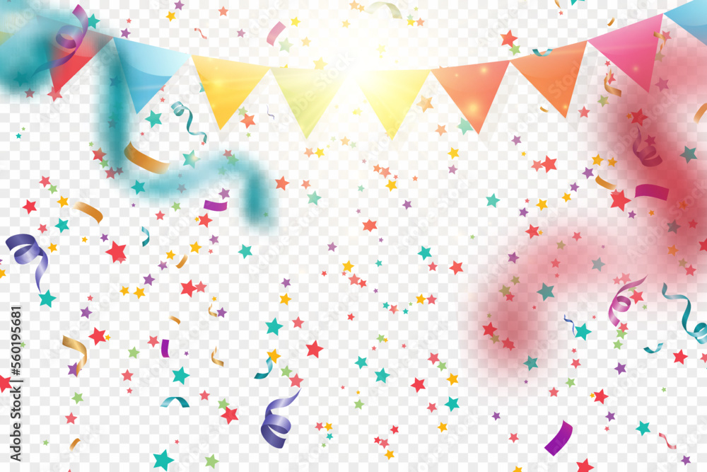 Poster Lots of colorful tiny confetti and ribbons on transparent background. Festive event and party. Multicolor background.Colorful bright confetti isolated on transparent background.