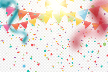 Lots of colorful tiny confetti and ribbons on transparent background. Festive event and party. Multicolor background.Colorful bright confetti isolated on transparent background.