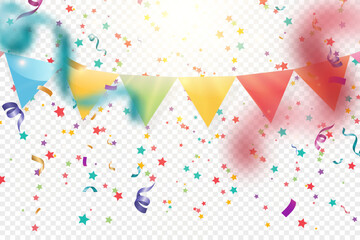 Obraz premium Lots of colorful tiny confetti and ribbons on transparent background. Festive event and party. Multicolor background.Colorful bright confetti isolated on transparent background.