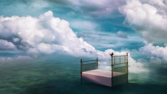 Infinite Dream. Bed in fantasy landscape